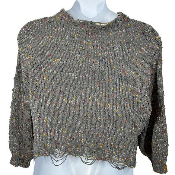 POL Distressed Sweater Small | Gray Ripped Sweater with Rainbow Confetti Detail - Picture 9 of 16